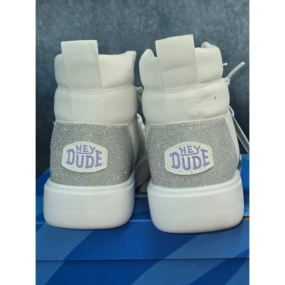 NWB Hey Dude Cody Hi Sparkle White Glitter High Top Sneakers youth Size 5